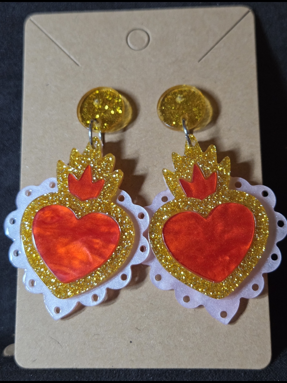 Gold and Red Heart Flame Drop Earrings